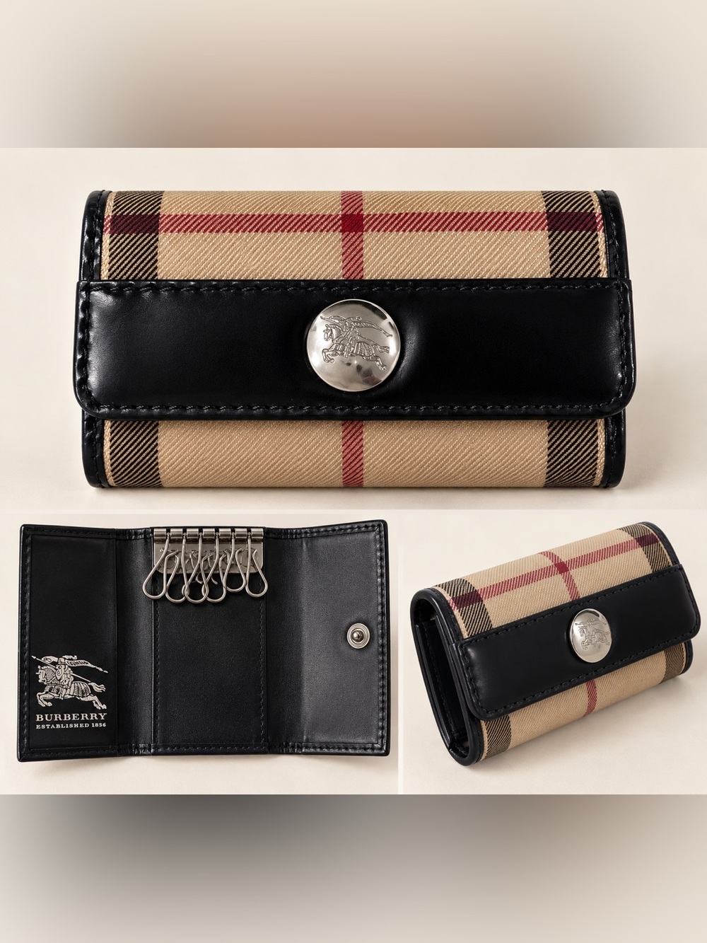Vintage Burberry Nova Check 6 Key Holder Case Black Leather Made in Italy